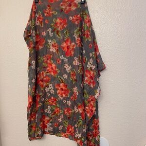 Gray red Hibiscus Tropical floral oversized scarf swimsuit cover-up scarf 35x66